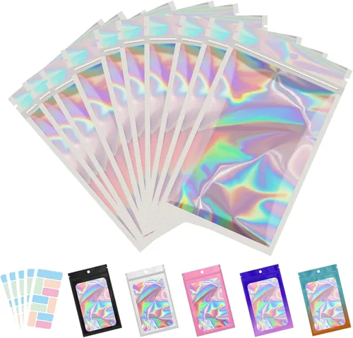 Vista 10 de Paquete de 100 bolsas de Mylar con ventana transparente, holográficas, a prueba de olores, para pequeñas empresas, bolsas resellables