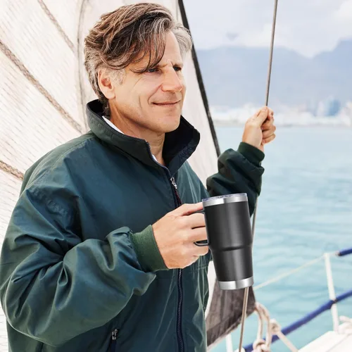 Vista 5 de Vaso térmico de acero inoxidable de 20 oz con asa, envase a granel, vasos termales metálicos aislados, taza de café de viaje con asa, vaso de doble