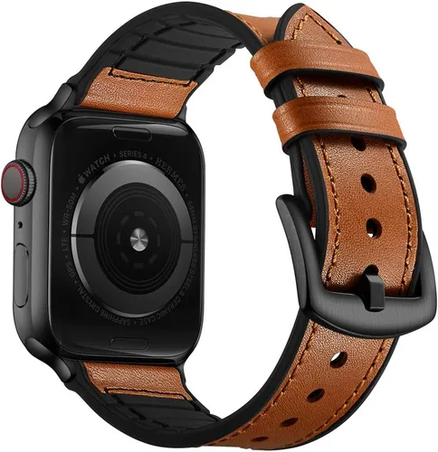 Vista 16 de OUHENG Correas de cuero compatibles con Apple Watch de 42mm 41mm 40mm 38mm, correa híbrida de cuero genuino y goma para iWatch Series 11 10 9 8 7 6