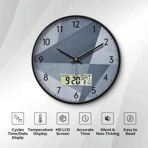 Vista 4 de Reloj de pared industrial SCOAGE con día, semana, temperatura en gris azulado, relojes digitales sin tictac de gran pantalla, relojes de pared