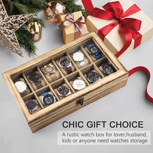 Vista 7 de SRIWATANA Caja de reloj, organizador de caja de reloj para hombres y mujeres, regalo del día del padre, 12 ranuras para reloj con tapa de cristal