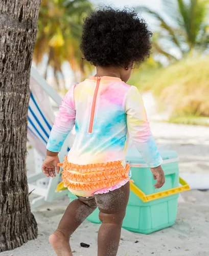Vista 3 de RuffleButts - Traje de baño de manga larga, de una pieza, para bebéniñas, con protección solar UPF 50+