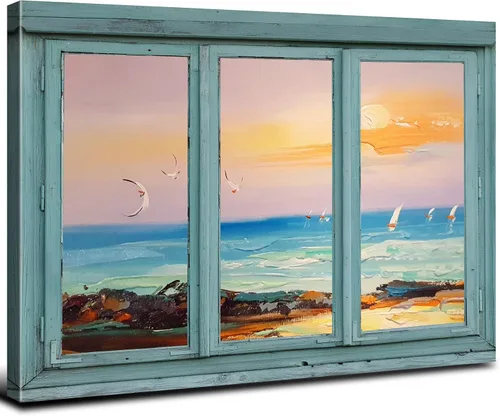 Vista 22 de Cuadro de pared con ventana de playa, paisaje oceánico, decoración de pared, paisaje costero, gaviota, impresiones en lienzo, pintura tropical