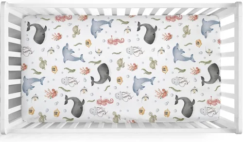 Vista 2 de Sábana bajera ajustable para cuna de bebé, diseño bohemio de animales marinos, 52 x 28 pulgadas, ballena, delfín, medusa, caballo marino, tortuga