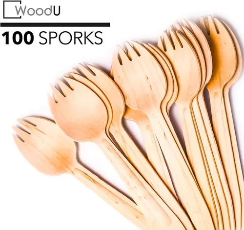 Vista 4 de WoodU - Cubertería de madera desechable 100% natural, ecológica, biodegradable y compostable, paquete de 100 cubiertos de madera de 6.5 pulgadas