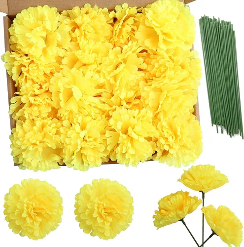 Vista 8 de Paquete de 50 palillos de clavel de seda artificial, cabezas de clavel de flores artificiales con tallos para bricolaje, ramos de boda, centros