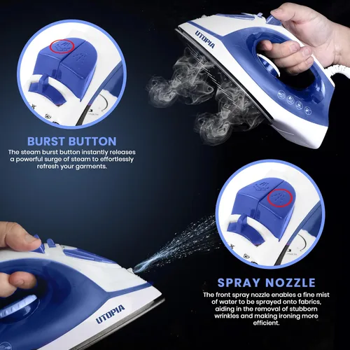 Vista 5 de Utopia Home Plancha de vapor para ropa con suela antiadherente, plancha de ropa de 1200 W con control de termostato ajustable, protección