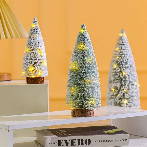 Vista 4 de 6 piezas de mini árboles de Navidad, cepillo para botellas, árboles de Navidad artificiales de pino esmerilado con base de madera para manualidades