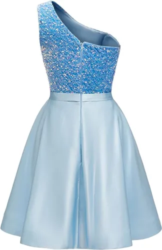 Vista 4 de Tianzhihe Vestidos de lentejuelas brillantes de un hombro para adolescentes, vestidos cortos de graduación 2023, vestidos formales de fiesta