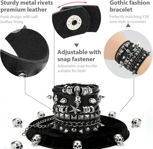 Vista 3 de Juego de 4 pulseras góticas para hombres y mujeres, pulseras de cuero con tachuelas punk rock, traje rockero de los años 80 para hombres y mujeres