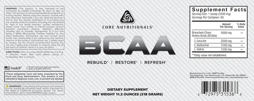 Vista 2 de Core Nutritionals BCAA, aumenta la síntesis de proteínas del músculo esquelético, 0.18 oz, 60 porciones