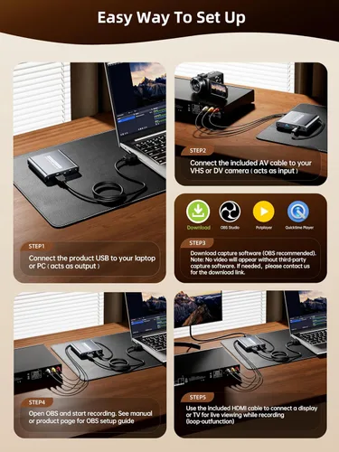 Vista 4 de Tarjeta de captura VHS a digital - Tarjeta de captura de video USB con salida de bucle HDMI, RCA AV a USB para VCR/DVD/Hi8/PS2/Wii, convertidor Gris