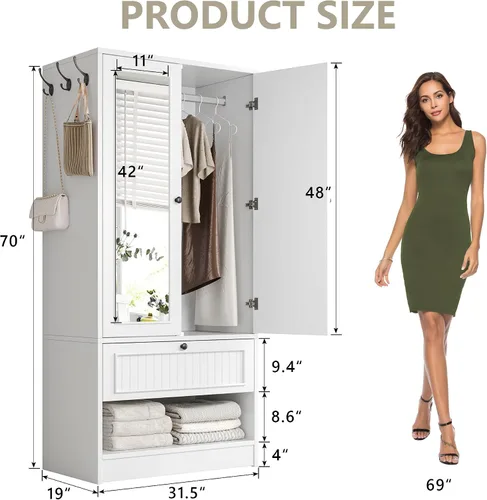 Vista 2 de iPormis Armario de madera con puerta de espejo y cajón, armario para recámara con 2 puertas para colgar ropa, color blanco