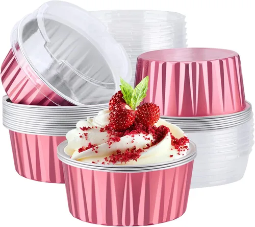 Vista 8 de EUSOAR Vasos para cupcakes con tapas, paquete de 50 forros para magdalenas de 5 onzas de colores surtidos, moldes desechables de papel de aluminio 5