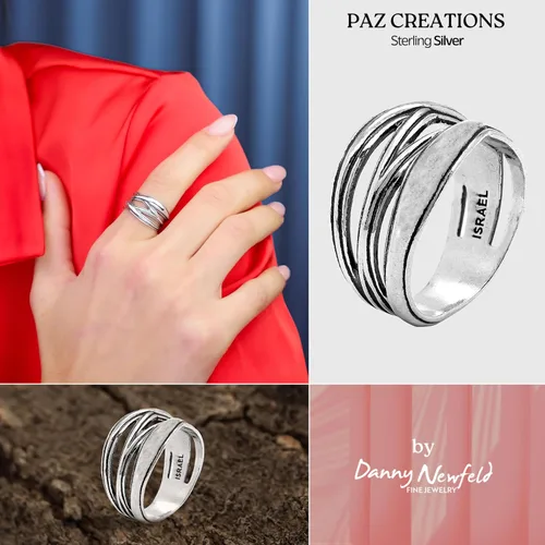 Vista 4 de Paz Creations - Anillo de plata de ley 925 para mujer, diseño artesanal hecho a mano, chapado en plataoro