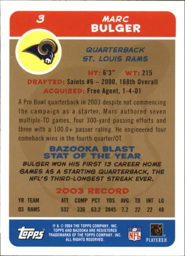 Vista 2 de 2004 Bazooka Gold # 3 Marc Bulger NFL Fútbol Trading Card