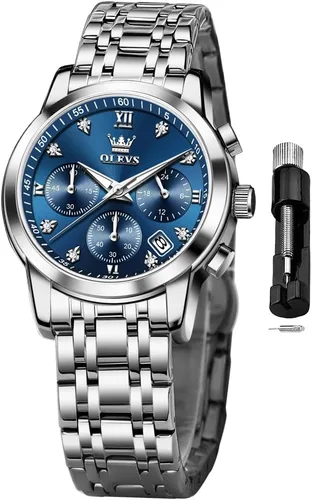 Vista 21 de OLEVS Reloj multifuncional de dos tonos para mujer, reloj analógico de cuarzo para mujer, de acero inoxidable, resistente al agua, con diamantes