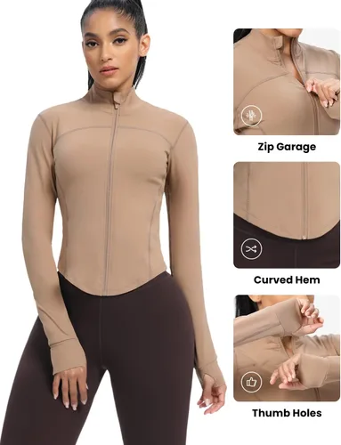 Vista 38 de AVGO Chaquetas de entrenamiento recortadas para mujer, con cremallera, ajustadas, atléticas, con agujeros para el pulgar