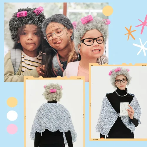 Vista 4 de Old Lady Costume for Women Kids,8Pcs Grandma Cosplay Set for 100th Day of School Granny Costumes Halloween Accessories