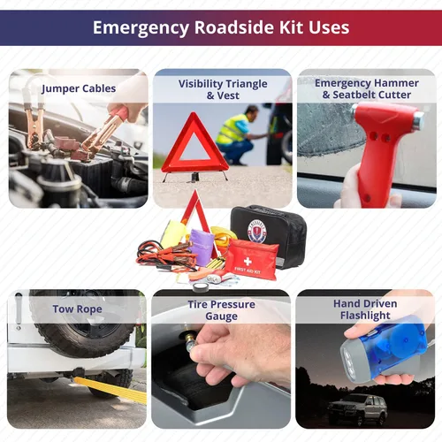 Vista 3 de Kit de emergencia para automóvil en carretera, juego de primeros auxilios, cables de puente, correa de remolque, luz de flash LED, capa de lluvia