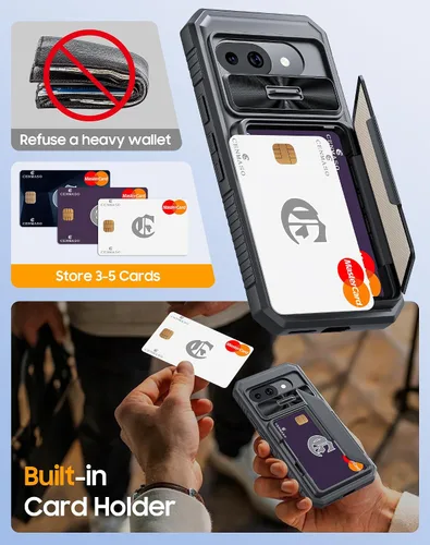Vista 3 de CENMASO - Funda para Google Pixel 9a con tarjetero (4 tarjetas), funda deslizante para cámara y función atril, bloqueo RFID, protección militar