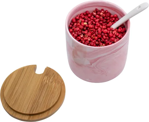 Vista 5 de Juego de 3 tarros de especias de cerámica de mármol con cucharas y tapas de bambú y bandeja (rosa)