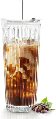 Vista 8 de Puraville Vaso de vidrio de 18 onzas con tapa y pajilla, cristalería gruesa con patrón de diamante vintage para whisky, cóctel, cerveza, vaso