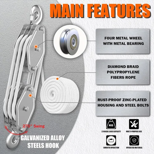 Vista 2 de Sistema de Polea de Elevación de Cuerda YATOINTO, Bloque de Polea y Aparejo de 2200LB, Relación de Elevación de 6:1 de 15mts, Bloque de Polea