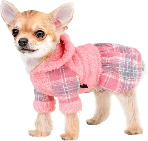 Vista 7 de Vestido de perro para perro pequeño, suéter Yorkie para niña, ropa de cachorro a cuadros, chihuahua, gato, linda ropa de forro polar cálido