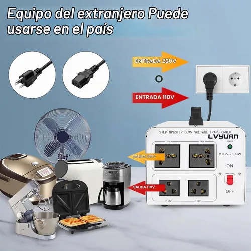 Vista 2 de LVYUAN - Transformador de voltaje de 2500 W elevador y descendente de 110/120 V a 220/240 V 4 multi-socket(2US+2Universal), resettable MCB