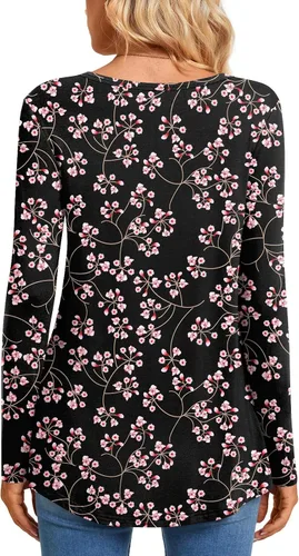 Vista 4 de CATHY Blusa tipo túnica de manga larga para mujer, cuello en V, con botones, informal, plisada, básica