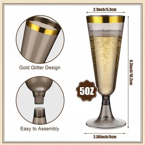 Vista 3 de CHENGU 150 copas de champán desechables de plástico de 5 onzas, copas de vino de cristal, copas de cóctel de plástico reutilizables para bodas