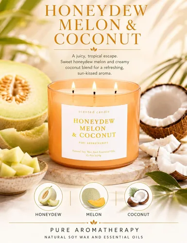 Vista 2 de Honeydew - Vela perfumada de soja grande de 3 mechas de melón y coco para el hogar, 15.8 onzas Fresh Melon Home Fragrance, Juicy And Creamy Scent