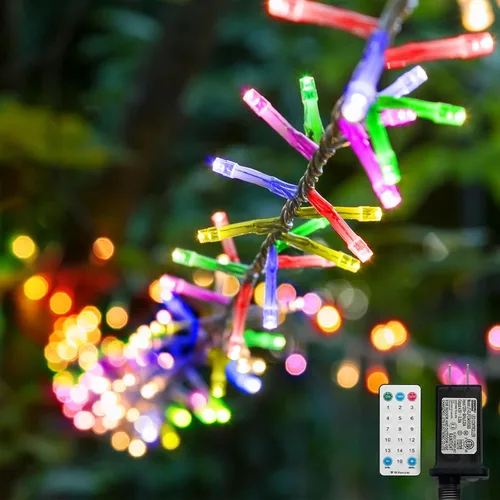 Vista 27 de LAMPHOME Luces de Navidad multicolor que funcionan con pilas, 34.1 pies, 100 luces LED impermeables de cadena para árbol de Navidad con 8 modos