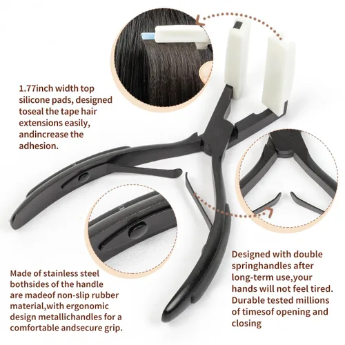 Vista 4 de Cinta en herramienta de extensión, alicates de sellado de extensiones de Alicates negros de acero inoxidable con almohadillas antideslizantes