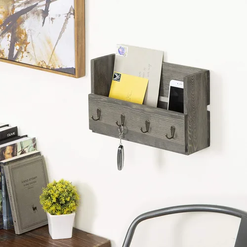 Vista 2 de Organizador MyGift de madera rústica, para pared, con 4 ganchos para llaves