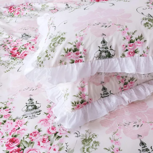 Vista 6 de FADFAY, Juego de ropa de cama romántica con estampado de flores, juego de cama rural rústico, funda de edredón con volantes de encaje de princesa