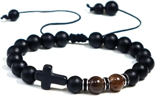 Vista 3 de 2 pulseras de cuentas de piedra de ojo de tigre con cruz curativa para mujeres, hombres, niñas, niños, adolescentes, ágata mate, cristal de piedras