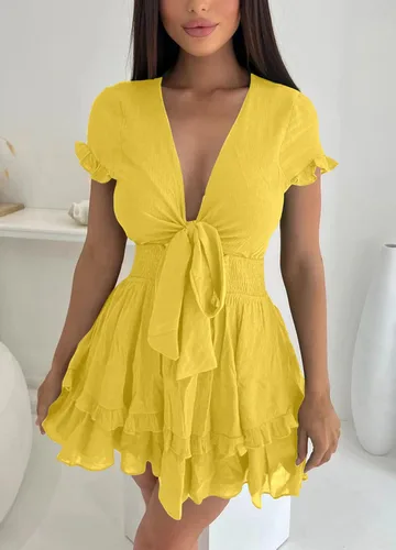 Vista 7 de PRETTYGARDEN - Mini vestido de verano con vuelo para mujer. Vestido corto acampanado con cuello en V y manga corta con volantes en la parte delantera