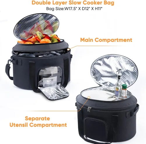 Vista 7 de Bolsa de transporte de doble capa para ollas de cocción lenta de 6-8 cuartos de galón CrockPot y Hamilton Beach Slowcooker, bolsa de viaje con Negro