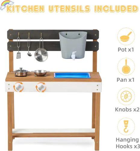 Vista 6 de Cocina de madera para niños, cocina de barro al aire libre con juego de agua y juguetes de cocina, juego en el patio trasero para niños de más de 3