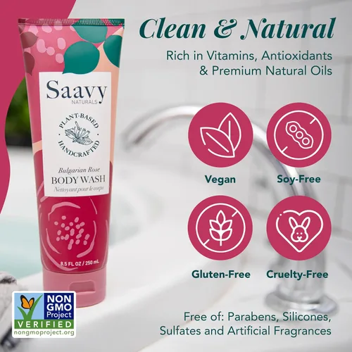 Vista 4 de Saavy Naturals Gel de baño Gel de ducha vegano sin gluten Jabón corporal natural y orgánico 8 onzas (rosa búlgara)