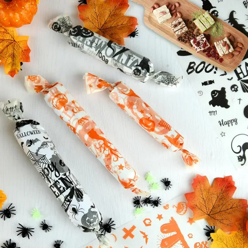 Vista 4 de ASTARON 100 hojas de papel de cera de Halloween para envolver alimentos, envolver dulces, galletas, sándwiches, forro para cesta de comida frita