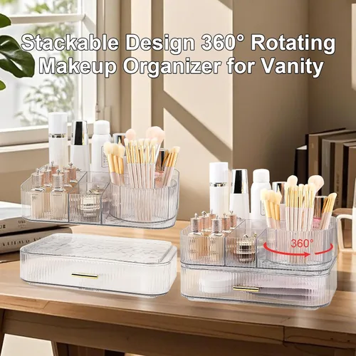 Vista 3 de DASITON Organizador de Maquillaje con Cajones y Soporte Giratorio para Brochas de Maquillaje, Organizador de Cosméticos Apilable de Gran Capacidad