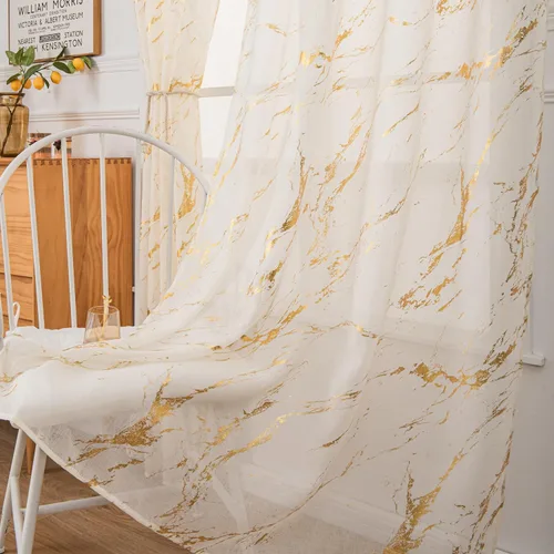 Vista 9 de Cortinas Transparentes Beige con Estampado de Lámina de Mármol Dorado de 63 Pulgadas de Largo para Cuarto de Bebé, Paneles de Ventana con Bolsillo