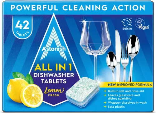 Vista 7 de Astonish Tabletas de lavavajillas todo en 1, limpiador doméstico que elimina la grasa, la suciedad y las manchas de la superficie, jabón