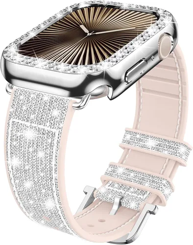 Vista 12 de Goton Bling - Correa de silicona brillante compatible con Apple Watch de 1.772 pulgadas (45mm) con protector de borde [sin vidrio], correa que