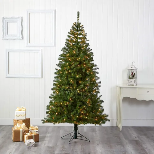 Vista 2 de Nearly Natural Springfield - Árbol de Navidad artificial de 7 pies con 400 luces transparentes cálidas y 916 ramas flexibles