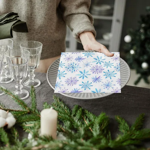 Vista 7 de 80 servilletas de papel de Navidad desechables con copos de nieve azules y morados, servilletas de cena de acuarela de invierno para Navidad