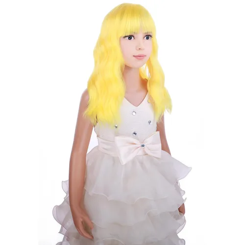 Vista 4 de PATTNIUM Peluca amarilla para niños, peluca corta ondulada amarilla con flequillo para niños, peluca amarilla sintética para niñas, cosplay, fiesta